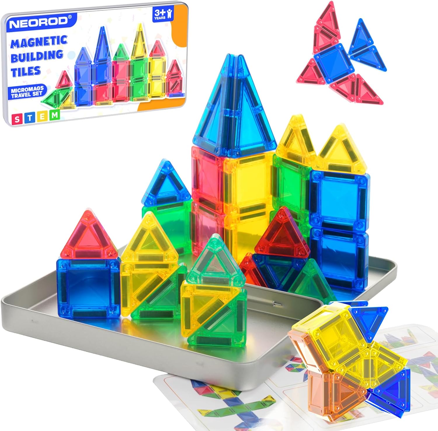 NEOROD Magnetic Tiles Travel Set - 72 PCS Regular & Mini Mixed Building Tiles - STEM Educational Toys for Toddlers & Kids - Portable Storage Box for Outing - Birthday Gift for Boys Girls