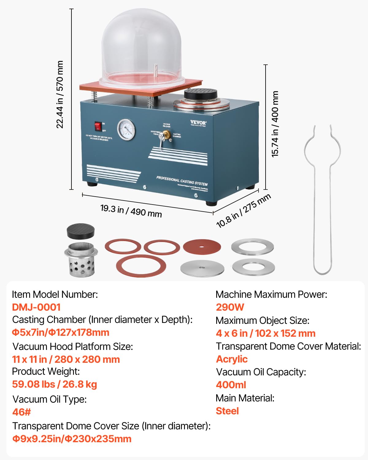 VEVOR Macchina per Fusione Sotto Vuoto, Potenza 290 W Macchina Centrifuga di Colata Gioielli con Pompa e Campana di Vetro, Comoda Porta di Iniezione dell'Olio, Banco da Lavoro 280 x 280 mm
