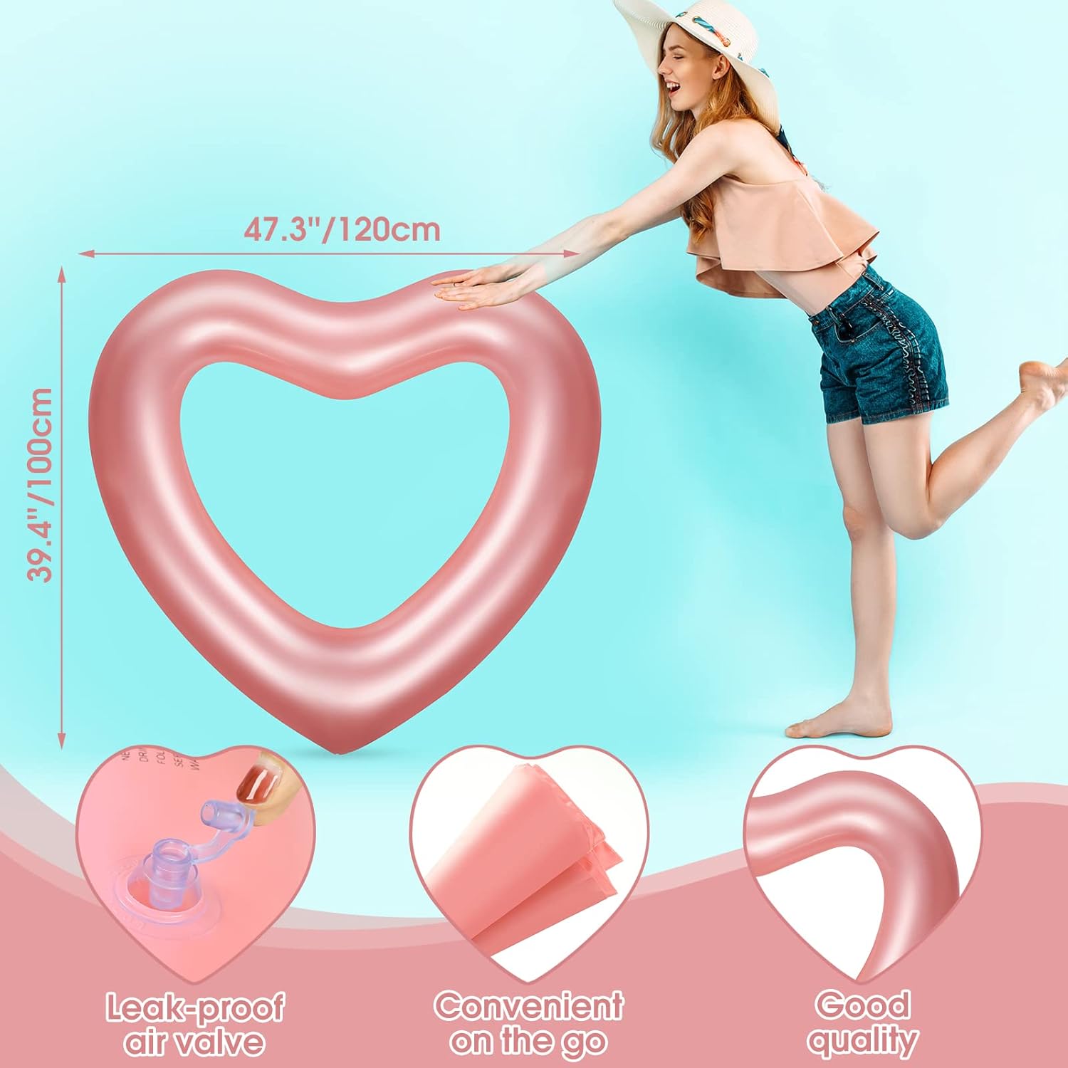 Zhanmai 3 Pcs Inflatable Heart Pool Float 47.3 x 39.4 Inch Swim Heart Shaped Pool Rings for Adults Water Floatie Summer Swimming Tube for Beach Bachelorette Part