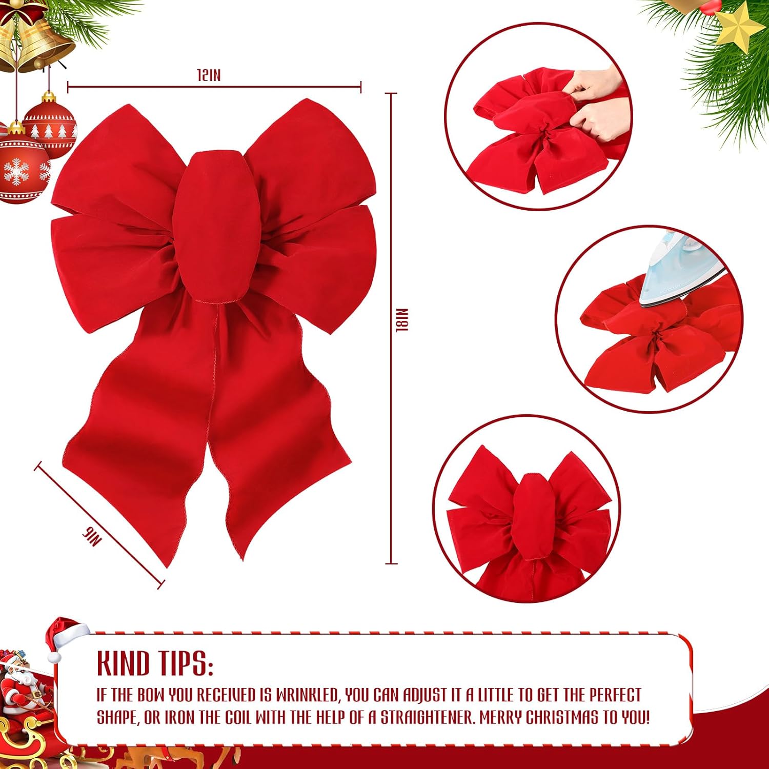 6 Pack Pre-lit Red Christmas Bow Large LED Red Velvet Christmas Wreath Bow 12 x 19 Wired Red Bow with 30 Lights for Large Gifts Christmas Garland Indoor/Outdoor Fence Decorations