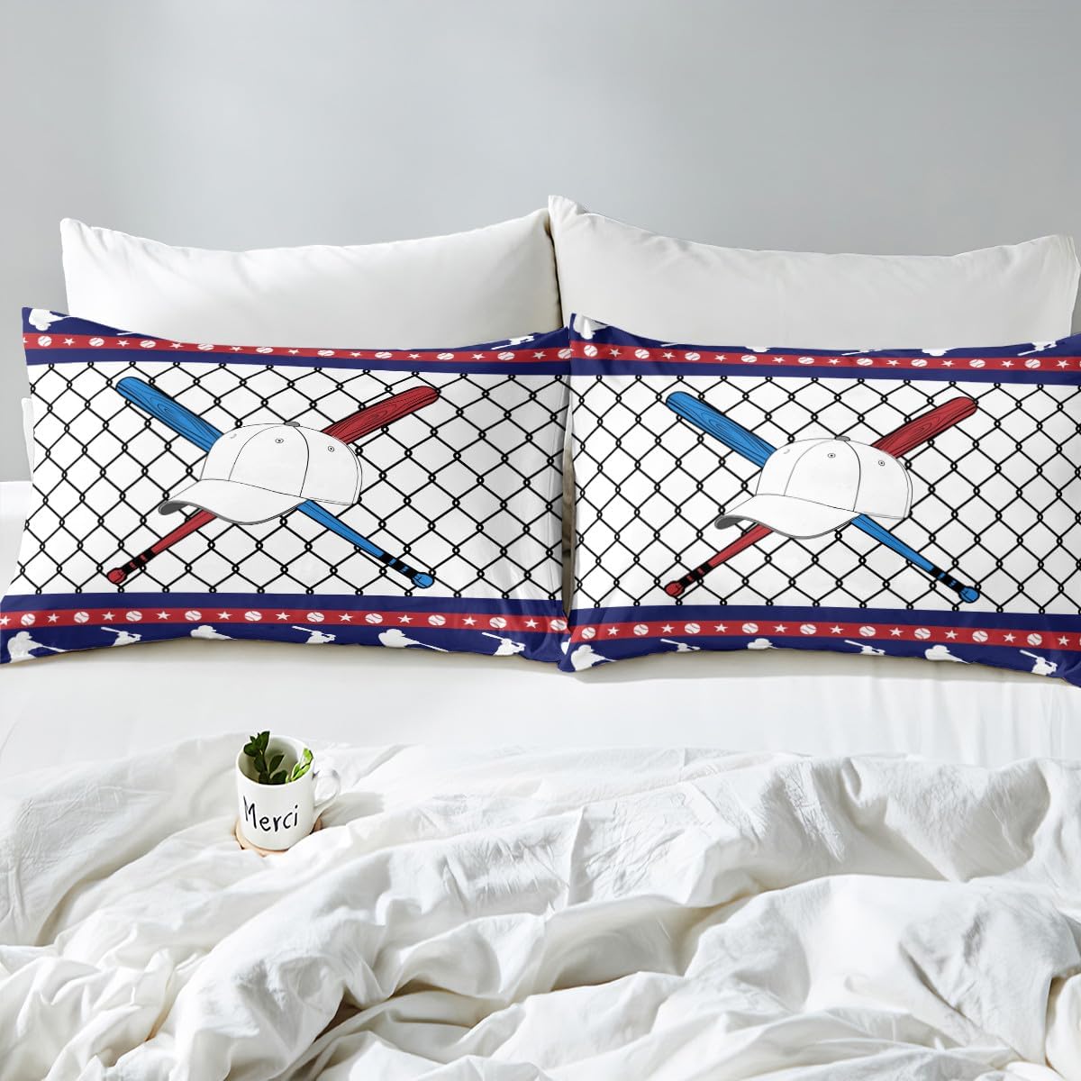 Baseball Fitted Sheet Full Size 3 Pcs,Sporting Athlete Silhouette Navy White Collections(No Flat Sheet),Baseball Bat Cap Modern Game Sports Bedding Deep Pocket for Kids