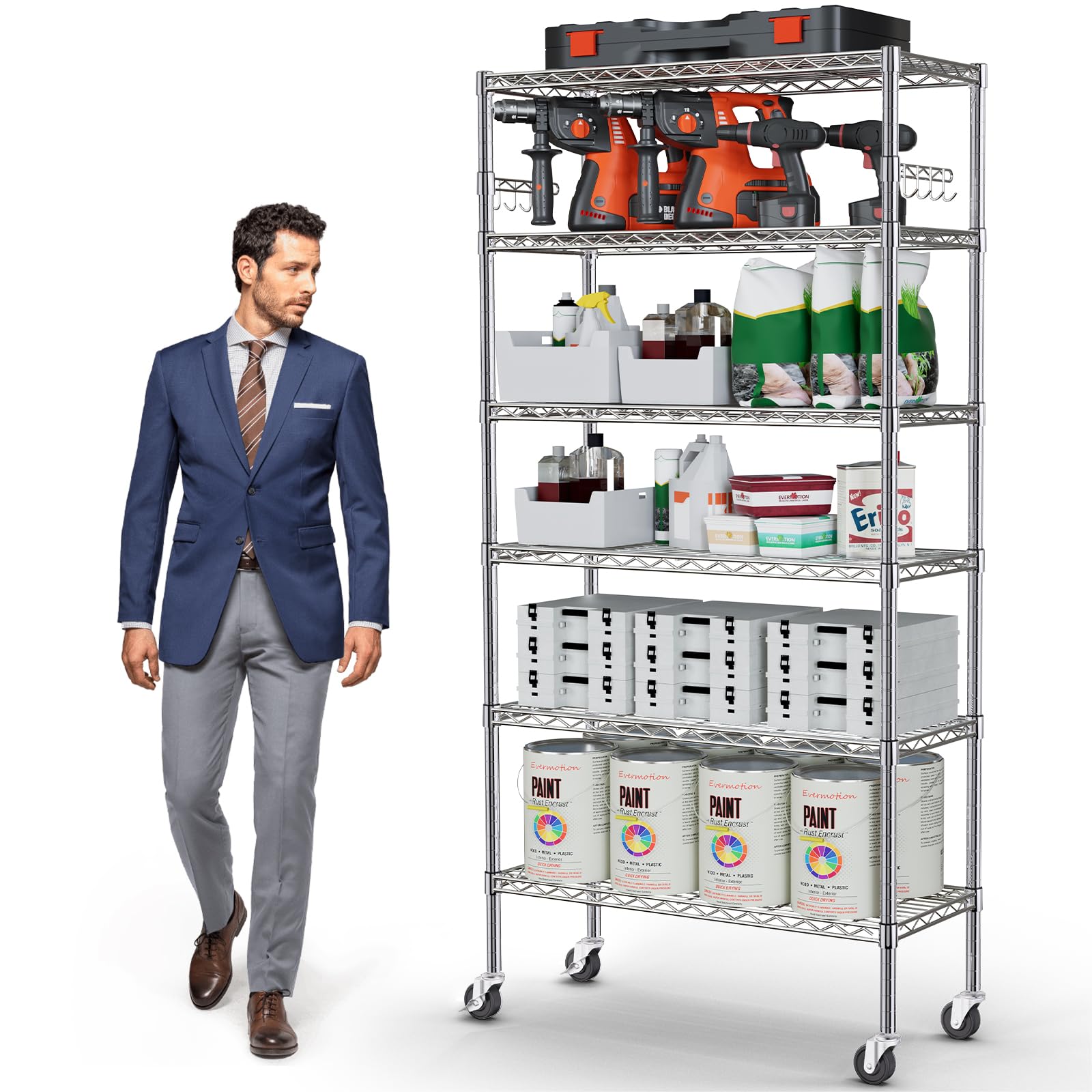 YNN Storage Shelves,6000Lbs 6 Tier Heavy Duty Metal Rolling Shelving Unit with Wheels & 8 Hooks, Adjustable Garage Wire Rack for Kitchen, Bathroom,