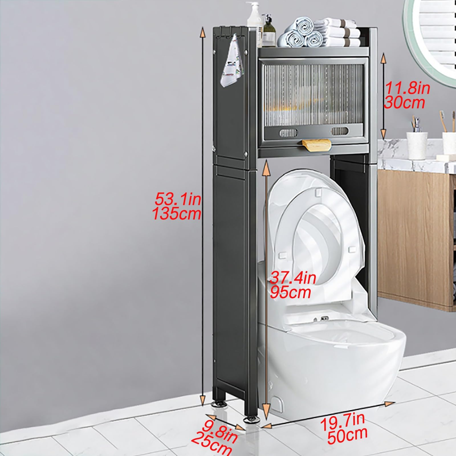 Szafka do przechowywania nad toaletą, wolnostojący organizer łazienkowy z otwartymi półkami, oszczędność miejsca do przechowywania w łazience, 50 cm, czarny