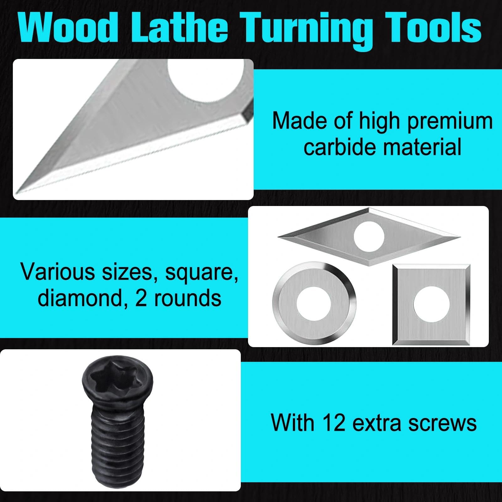 SPEEDWOX 12-teiliges Set aus Wolframkarbid-Einsätzen, Set für Holzdrehwerkzeuge, enthält 11 mm quadratisch mit Radius, 12 mm und 8,9 mm rund, 31 mm Diamant 10 mm mit scharfer Spitze, 12-teilig