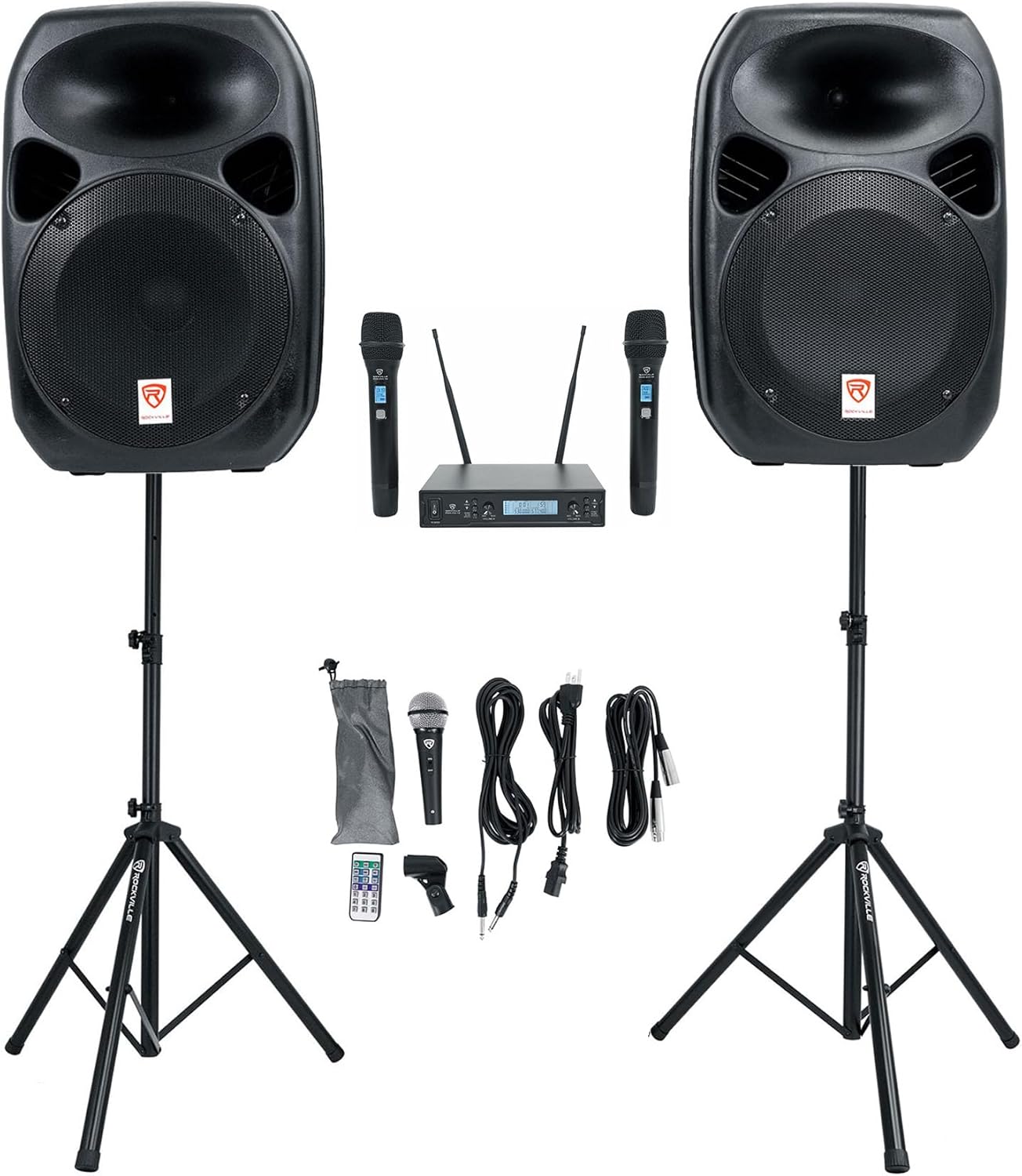 Rockville Power Gig RPG-122K All-in-One DJ/PA Package: (2) 12" DJ/PA Speakers 1000W Peak / 250W RMS with Built-in Bluetooth, USB/SD Player, FM Tuner, Speaker Stands, and Wired Microphone