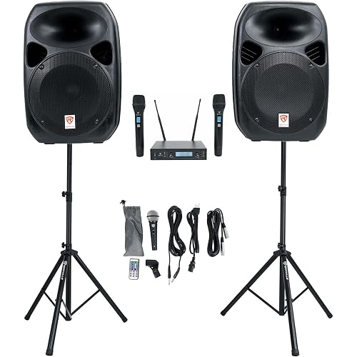 Rockville Power Gig RPG-122K All-in-One DJ/PA Package: (2) 12" DJ/PA Speakers 1000W Peak / 250W RMS with Built-in Bluetooth, USB/SD Player, FM Tuner, Speaker Stands, and Wired Microphone