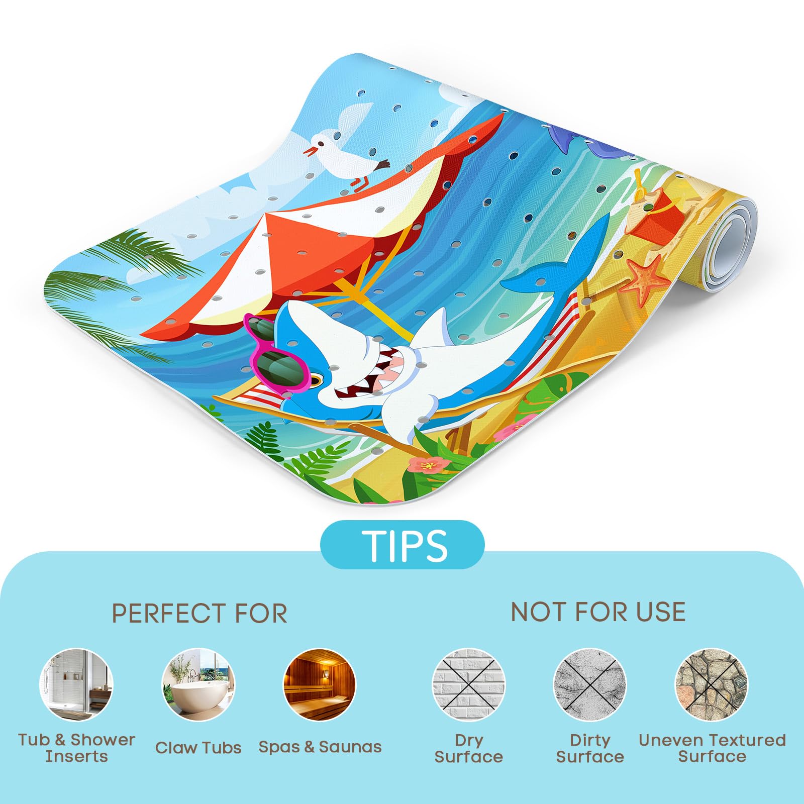 SHUCHING Tapis de Bain Antidérapant pour Enfants, Tapis Antidérapant Baignoire Bebe 100 X 40 cm, Tapis de Douche, 100% sans BPA et Lavable en Machine (Requin)
