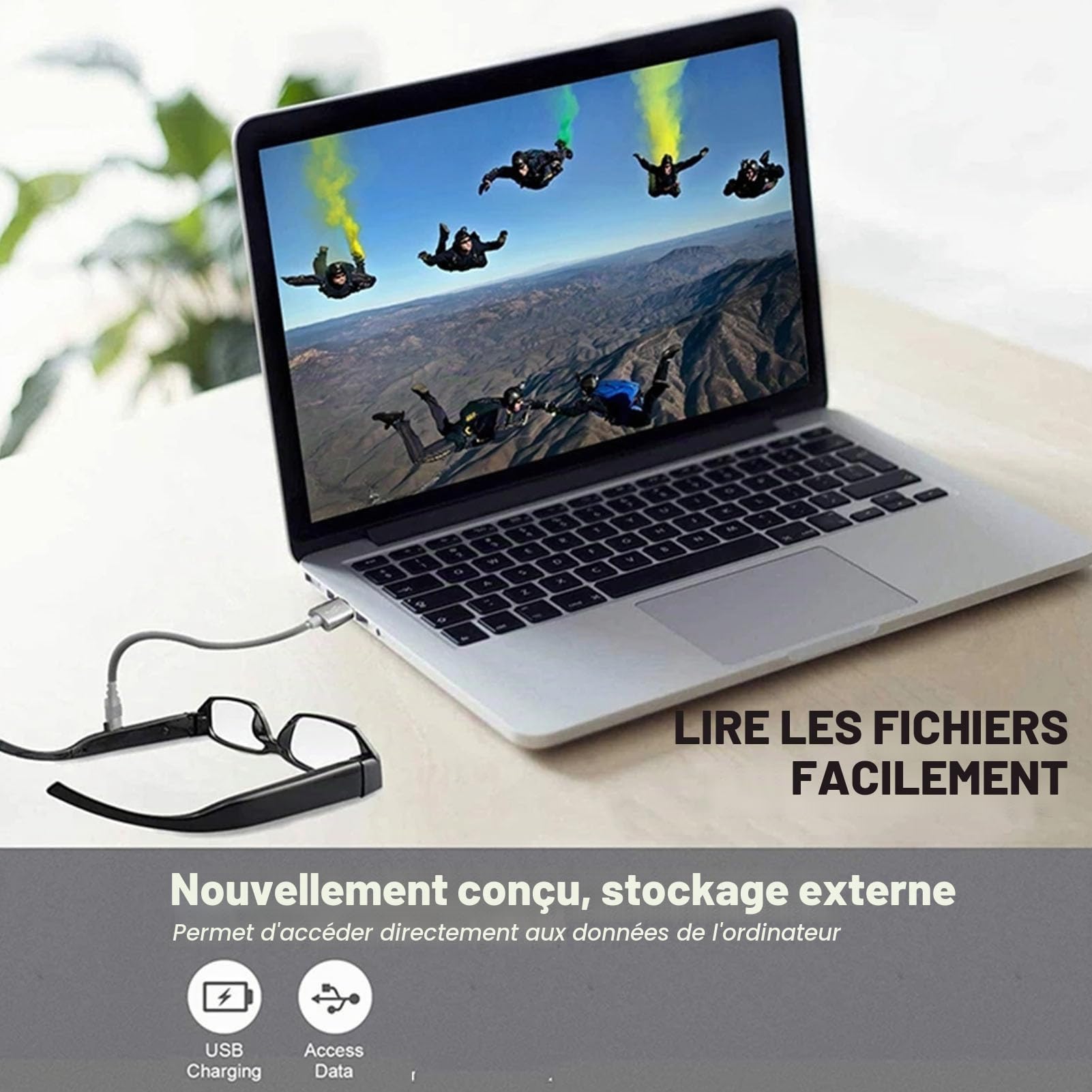 Lunettes avec Caméra, Enregistrement Vidéo HD 1080P, Stabilisateur d'image Intelligent, Objectif Grand Angle, Lunettes Portables pour Voyages, Cyclisme, Conduite Sports