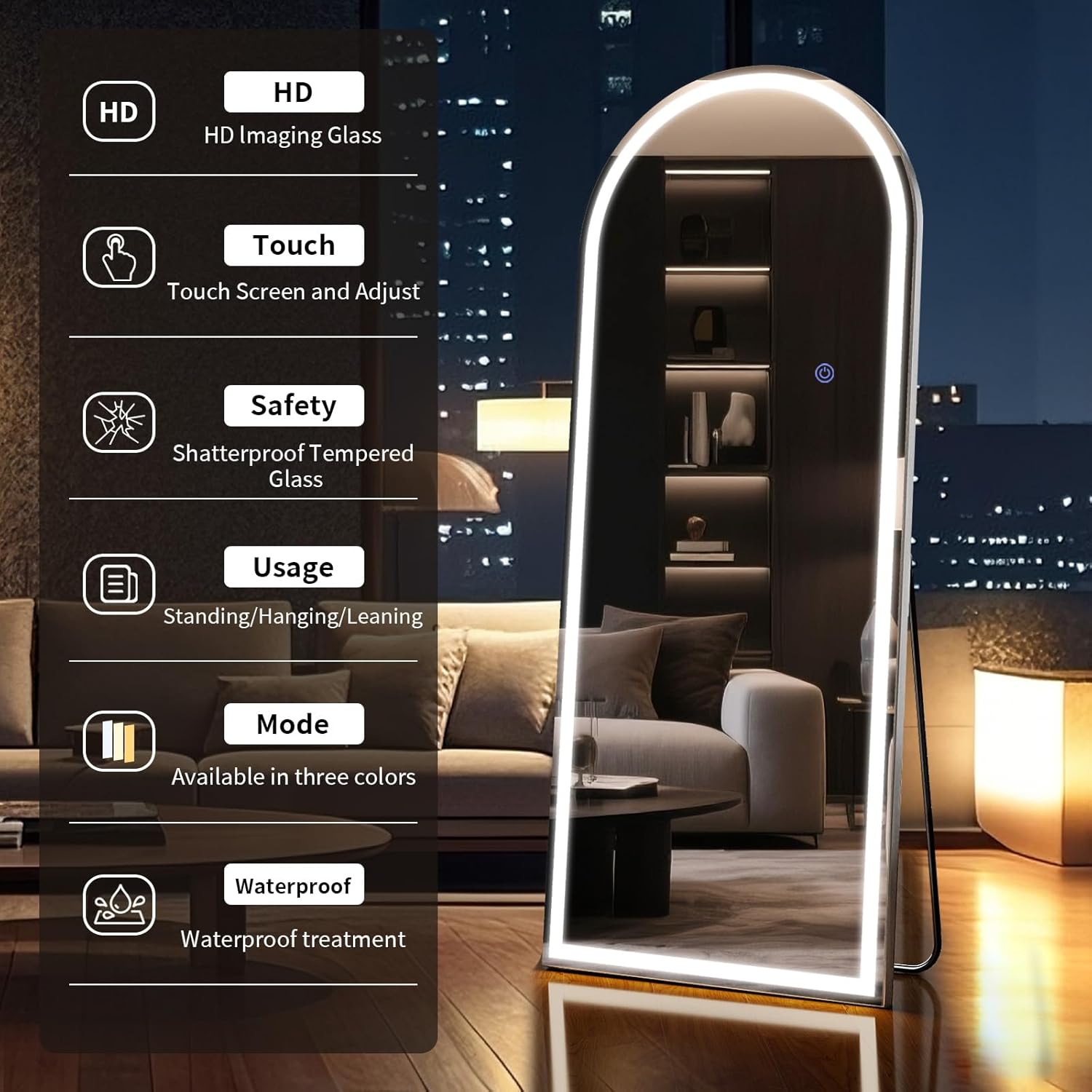 Riskioi 76"x34" LED Full Length Mirror – Arched Standing Floor Mirror with Dimmable Lights 3 Color Modes – Adjustable Brightness, Wall-Mount or Lean for Barber, Fitness Center, Dressing Room, Vanity
