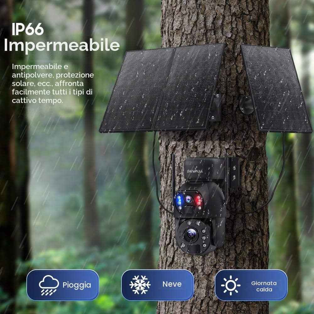 SHIWOJIA Telecamera di sorveglianza WiFi esterna senza fili con 30 W pannello solare 20,000 mAh batteria 6 MP fotocamera esterna senza fili [registrazione 24/7], doppia lente doppia PIR, IP66