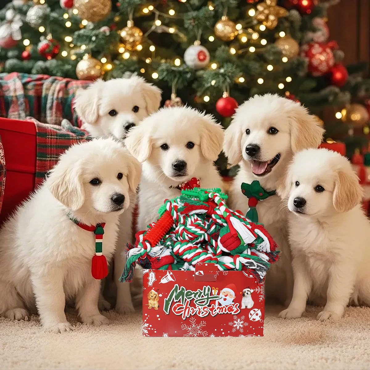 Juguetes de Navidad para perros, paquete de 15 juguetes masticables de goma para cachorros con juego de juguetes de cuerda, caja rígida interactiva para perros, entrenamiento para jugar a la