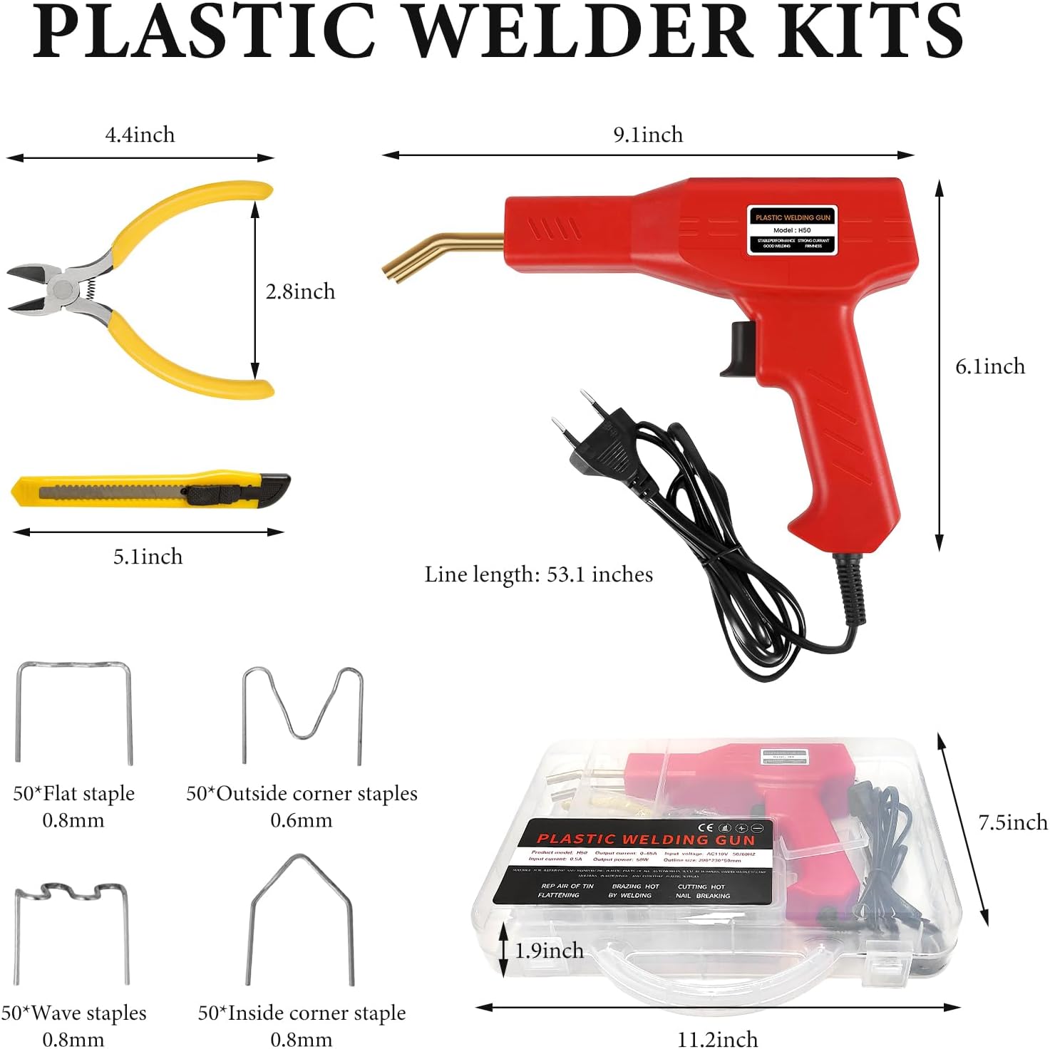 Plastic Welder Kit, Hot Stapler Welding Machine with 200PCS 4 Types Staples & Carry Case, Plastic Welder Soldering Tool for Car Bumper Cracks Repair, Car Accessories