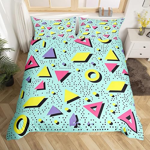 Juego de funda de edredón estilo Memphis, tamaño matrimonial, diseño abstracto colorido con puntos funky para niños y niñas, funda de edredón