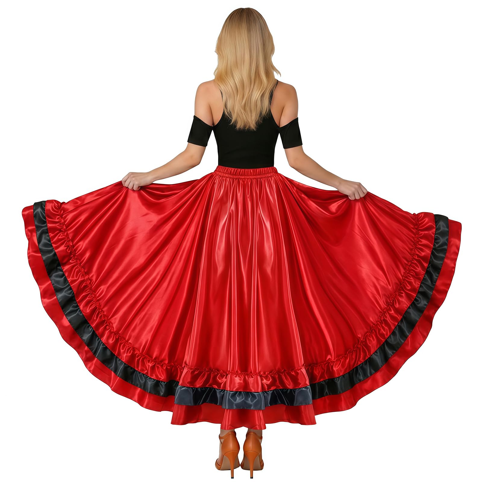 Baisdan Jupe Danse Orientale en Satin pour Femme, Jupe Flamenco Multicouches avec Volants, Idéale pour Danse du Ventre et Spectacles Orientale