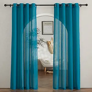NICETOWN Semi Sheer Curtains Flax Linen Texture, (Peacock Green) Grommet Retro Window Treatment Linen Weave Vertical Drapes Privacy with Light Filter for Living Room, 2 Panels, W52 x L84