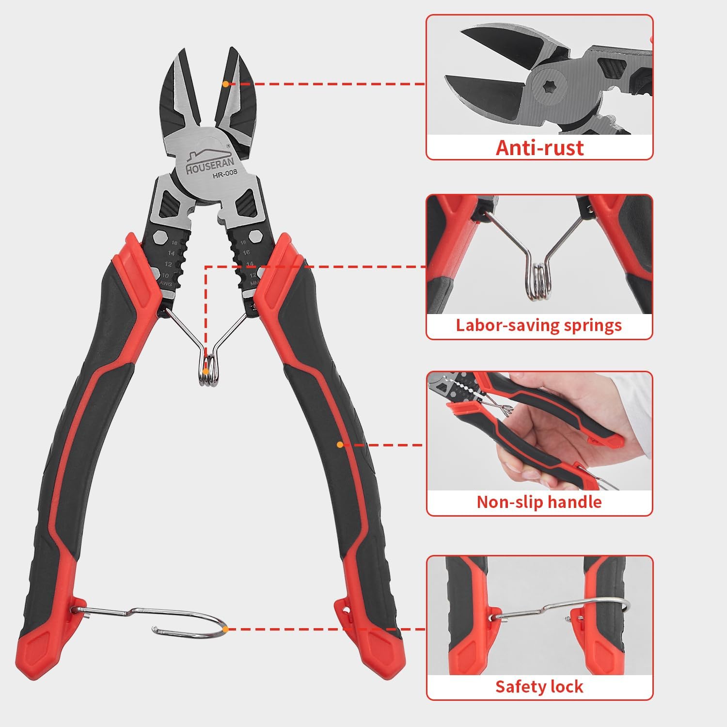 Wire Cutters, HOUSERAN Side Cutters with Wire Stripper and Crimper, 7-1/2 Inch Wire Cutters Heavy Duty, Spring Loaded with Safety Lock, 3-in-1 Diagonal Cutters for Cutting, Crimping, and Stripping