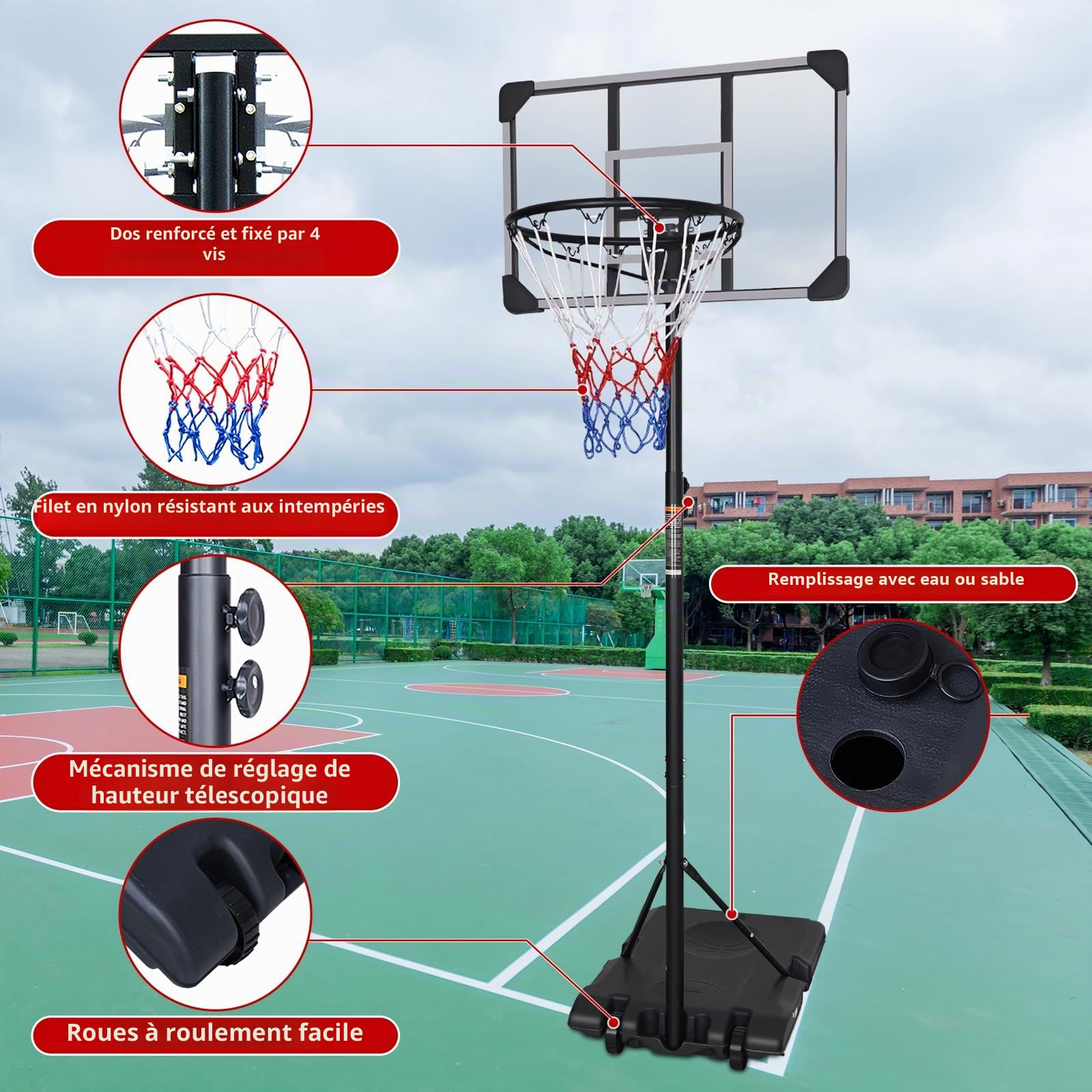 Panier de basketball portable sur pied réglable de 7 pieds avec panneau arrière transparent pour intérieur/extérieur, 165-213 cm