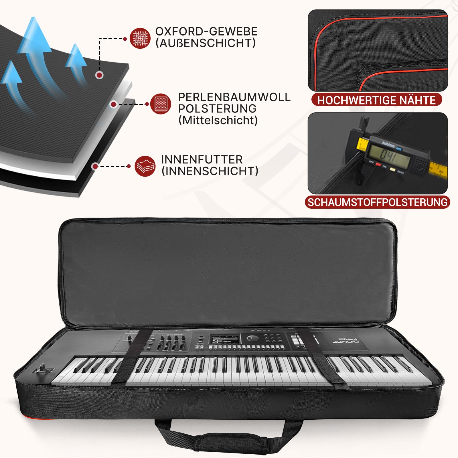 Funda para piano electrónico, acolchada, impermeable, 600D, con correas de mochila y compartimento para accesorios (49 teclas, 86 x 35 x 11 cm)