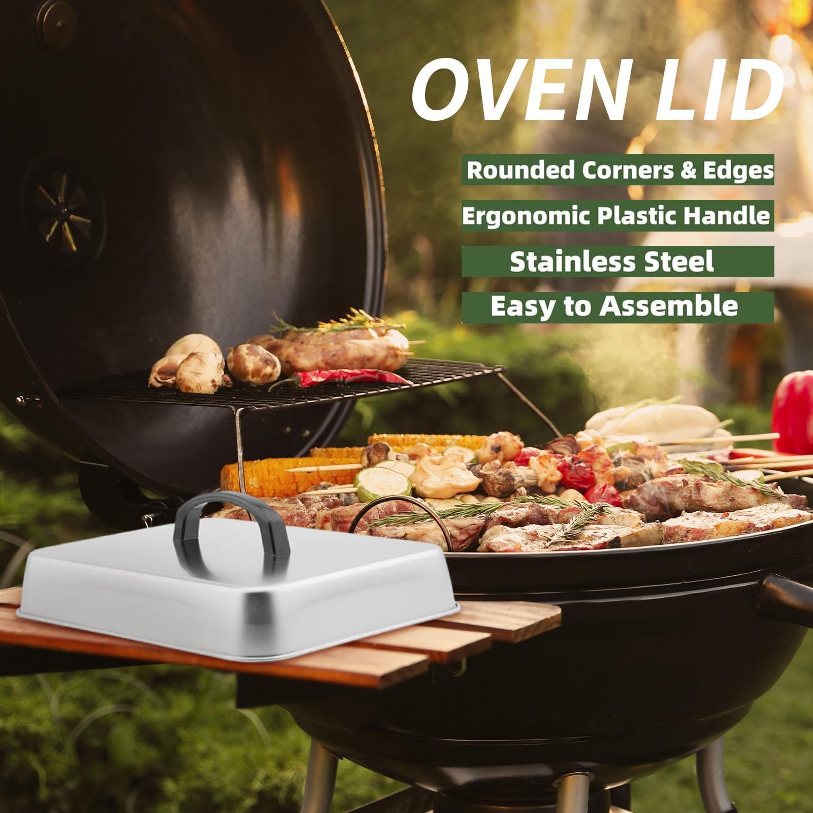 Coperchio per griglia in acciaio inox, manico resistente al calore, copertura rettangolare per vapore, per cucinare all'aperto, barbecue, cucina, 28 x 22 x 10 cm, argento