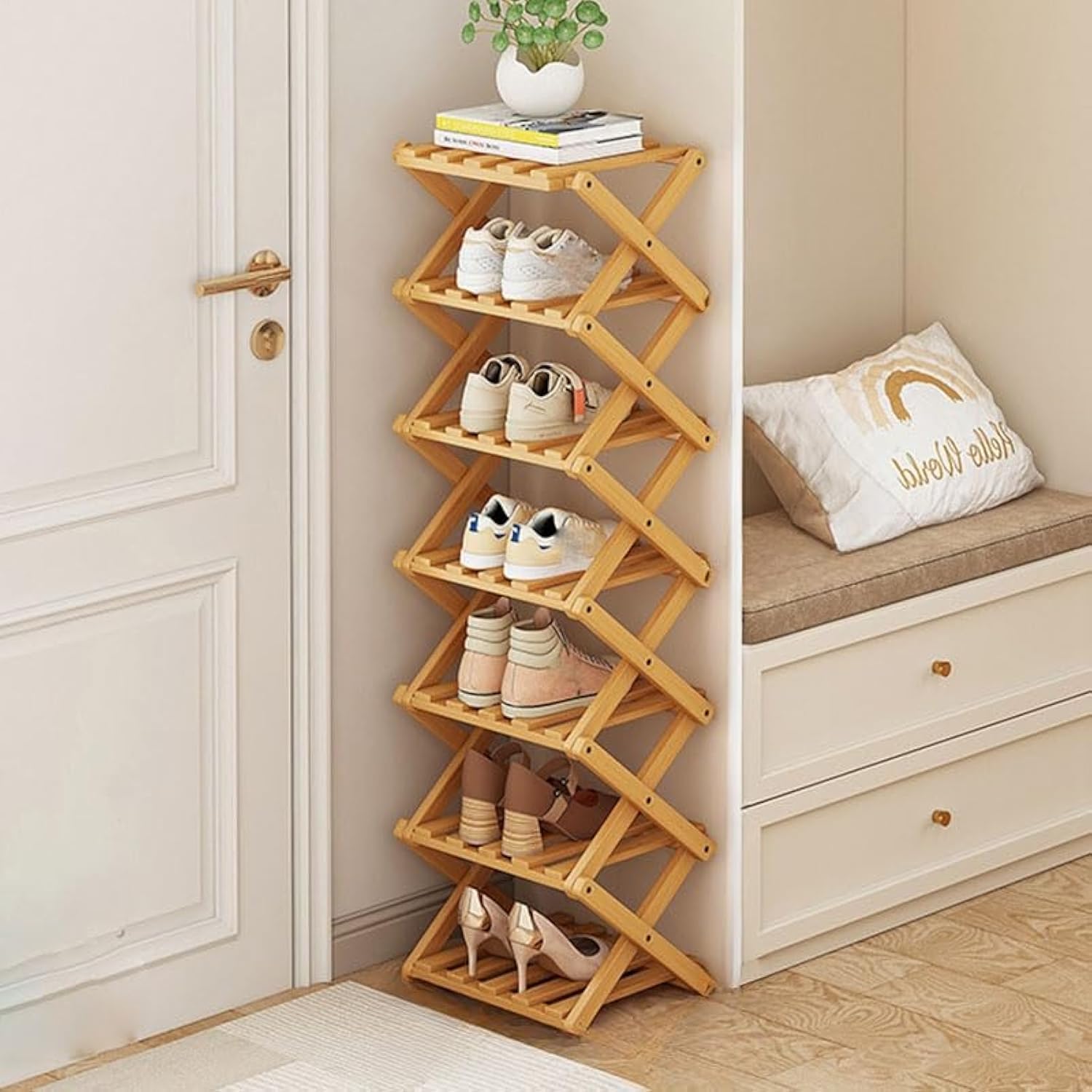 kiss me Bamboo Folding Shoe Rack,Vertical Narrow Shoe Rack,Small Shoe Racks,Without Installation,Shoe Racks Storage,Wooden Narrow Tall rack Indoor for Hallway, Entryway (Natural 8 Tier)