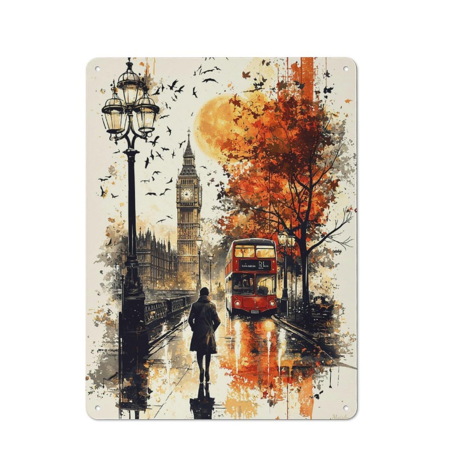 Junmoney Autumn Evening In London A Rainy Cityscape Retro Metal Sign 40X30cm For Garage Wall, For Home Interiors And Metal Sign Collectors