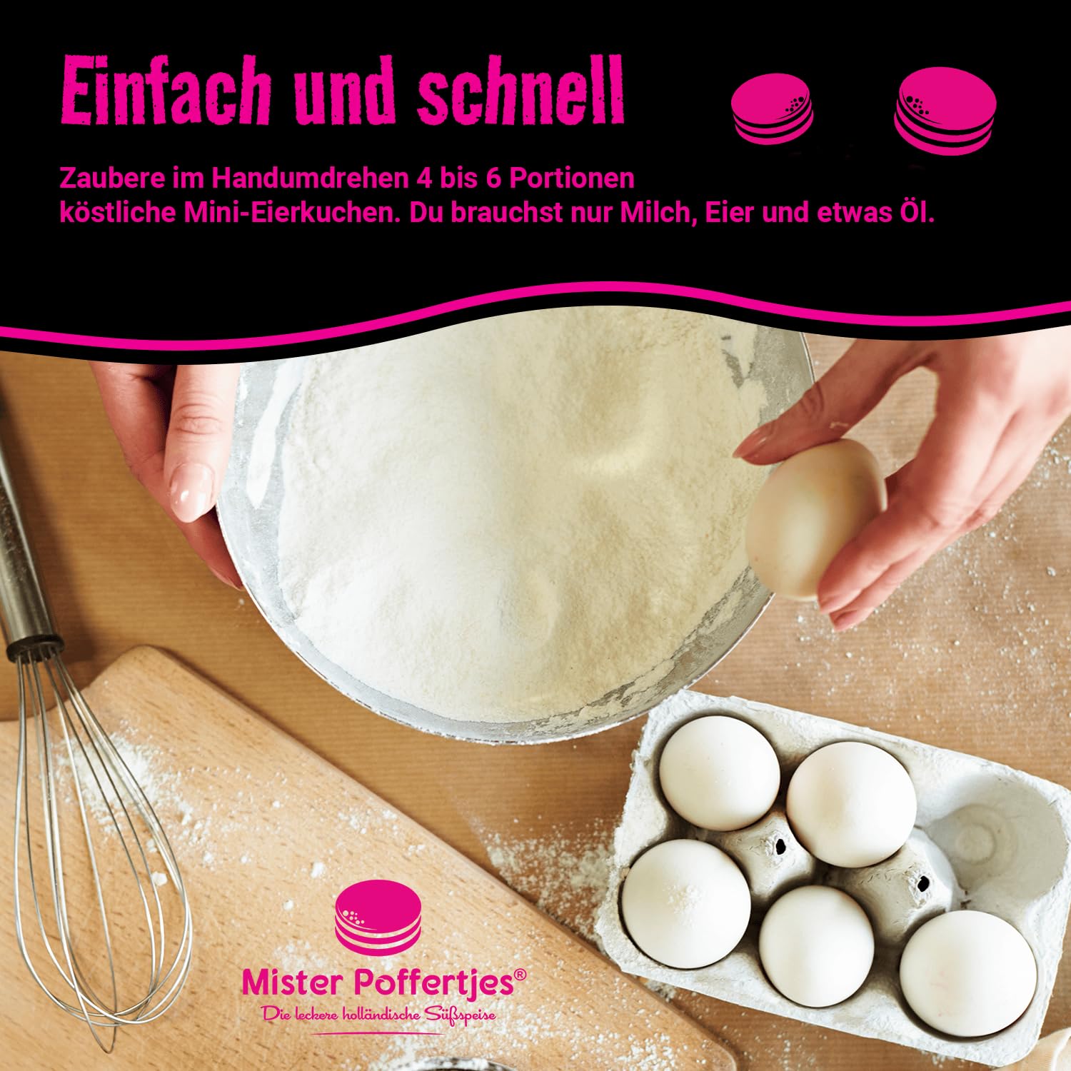 MISTER POFFERTJES Pancake Backmischung für Poffertjes, holländische Mini-Pfannkuchen mit elektrischem Poffertjes Maker, Pancake Mix für 40 Stück, 4-6 Portionen