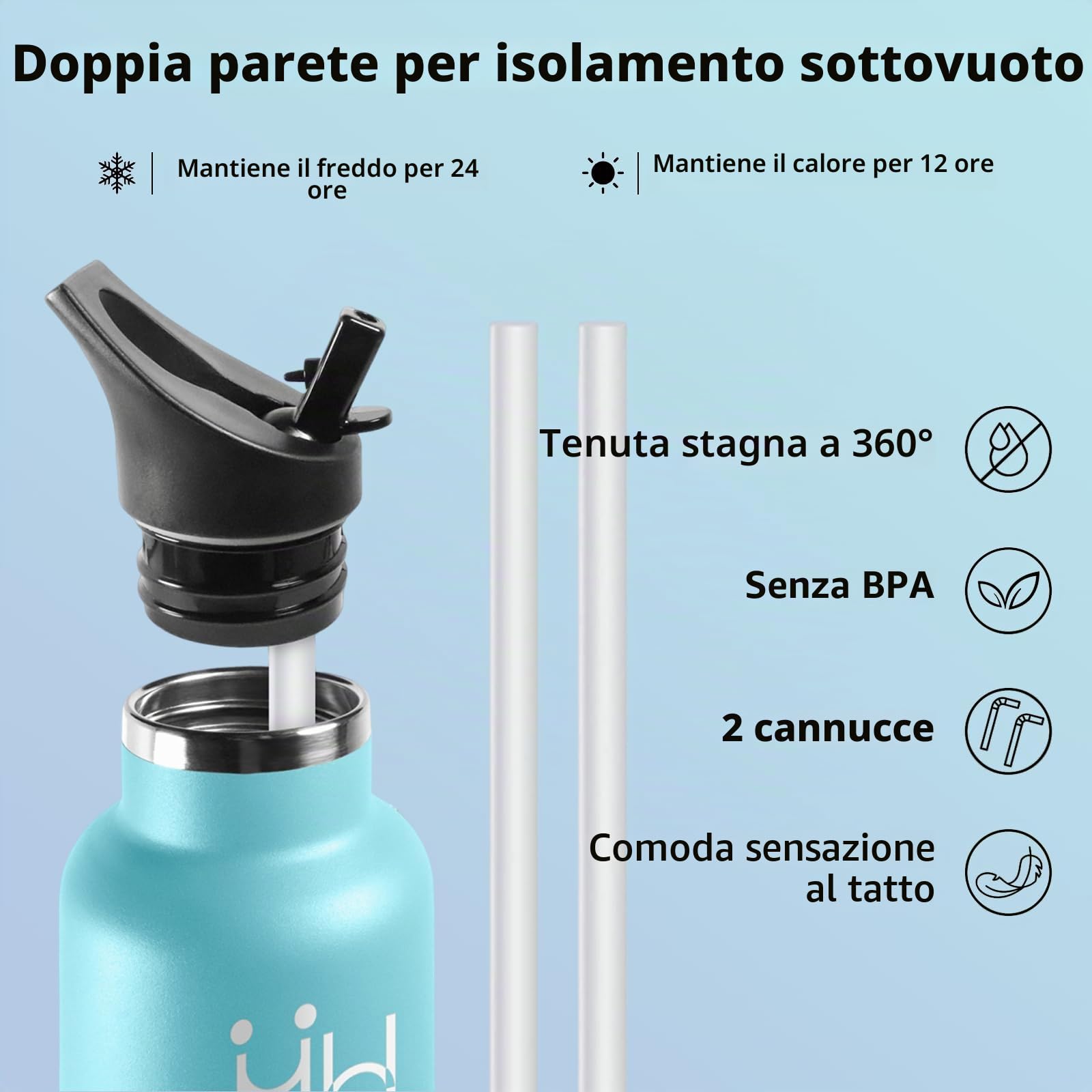 Motswedi Borraccia Termica 1 Litro, Borraccia Acciaio Inox, Bottiglia Termica, per Acqua Fredda e Calda, Bottiglia d'Acqua a Prova di Perdite, per Sport, Palestra, Campeggi, Azzurro cielo & Blu scuro
