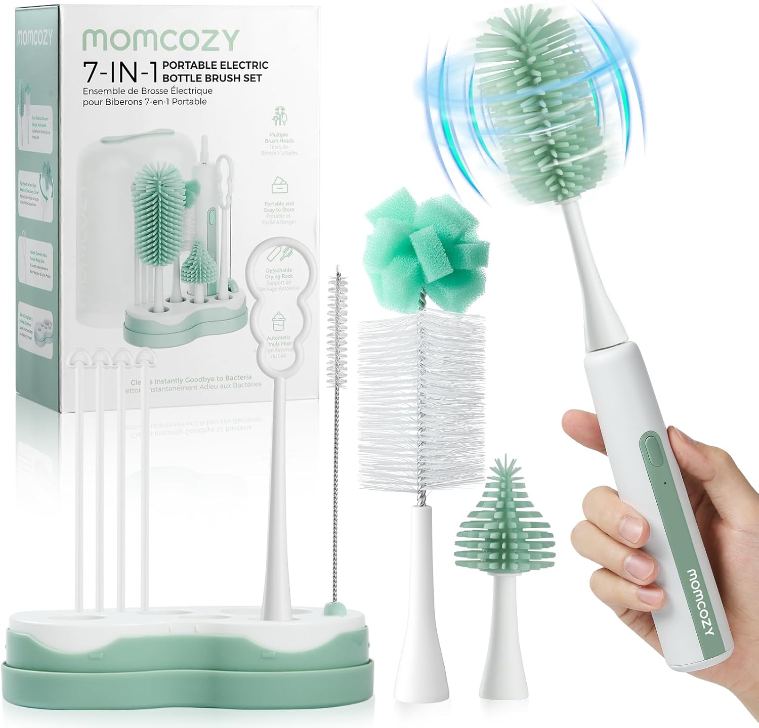Momcozy 7 in 1 Electric Bottle Brush Kit, Portable Cleaning Set with Formula Mixer, Silicone Brush, Nipple Brush, Straw Brush, Soap Dispenser, Drying Rack - Long Battery Life for Home & Travel