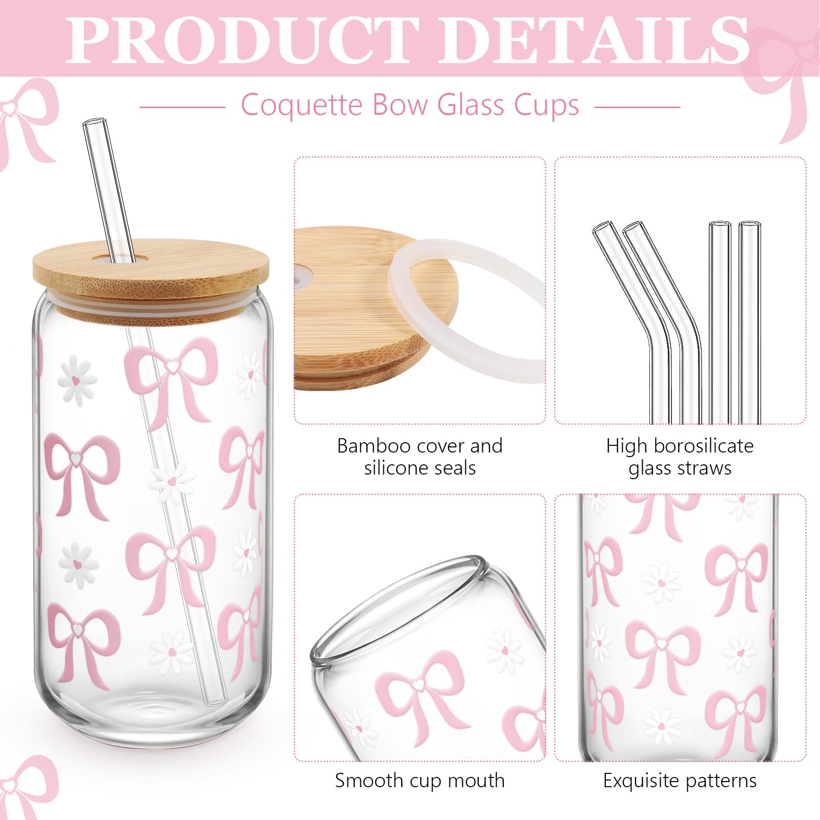 Pink Bow Drinking Glasses BOYIN HUES Coquette Bow Glass Cups | 16oz ...
