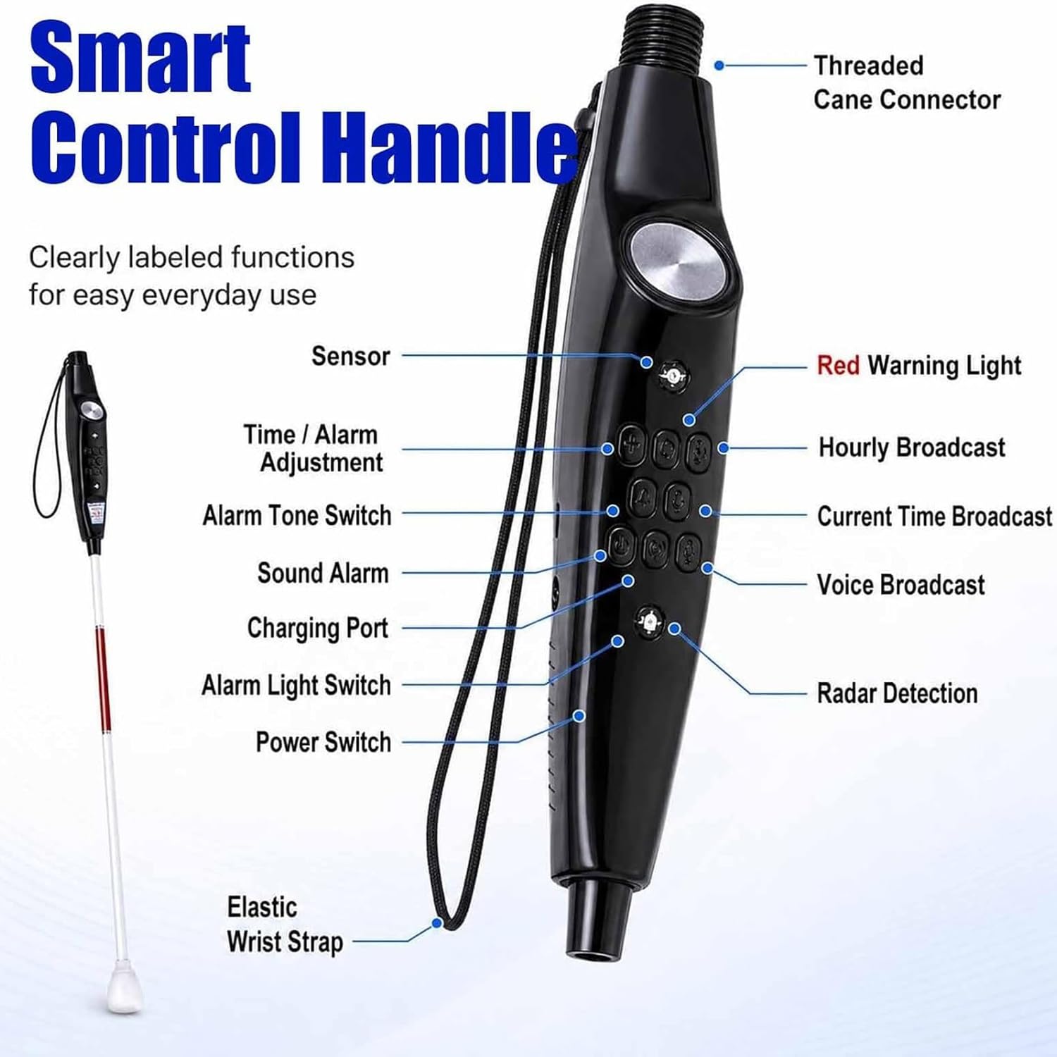 Bastón Electrónico para Ciegos con Voz, Ayuda para La Navegación | Con Mango Antideslizante, Luz De Advertencia Intermitente, Plegable, Película Reflectante, Recargable