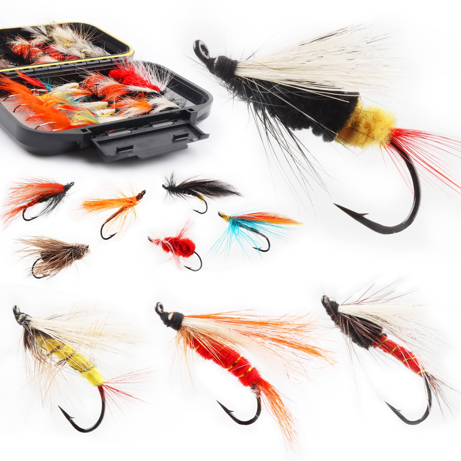 Fly Fishing Flies Assortment Kit Dry Wet Nyphms Tenkara Popper Streamer Woolly Bugger for Trout Bass Salmon Steelhead with Fly Box