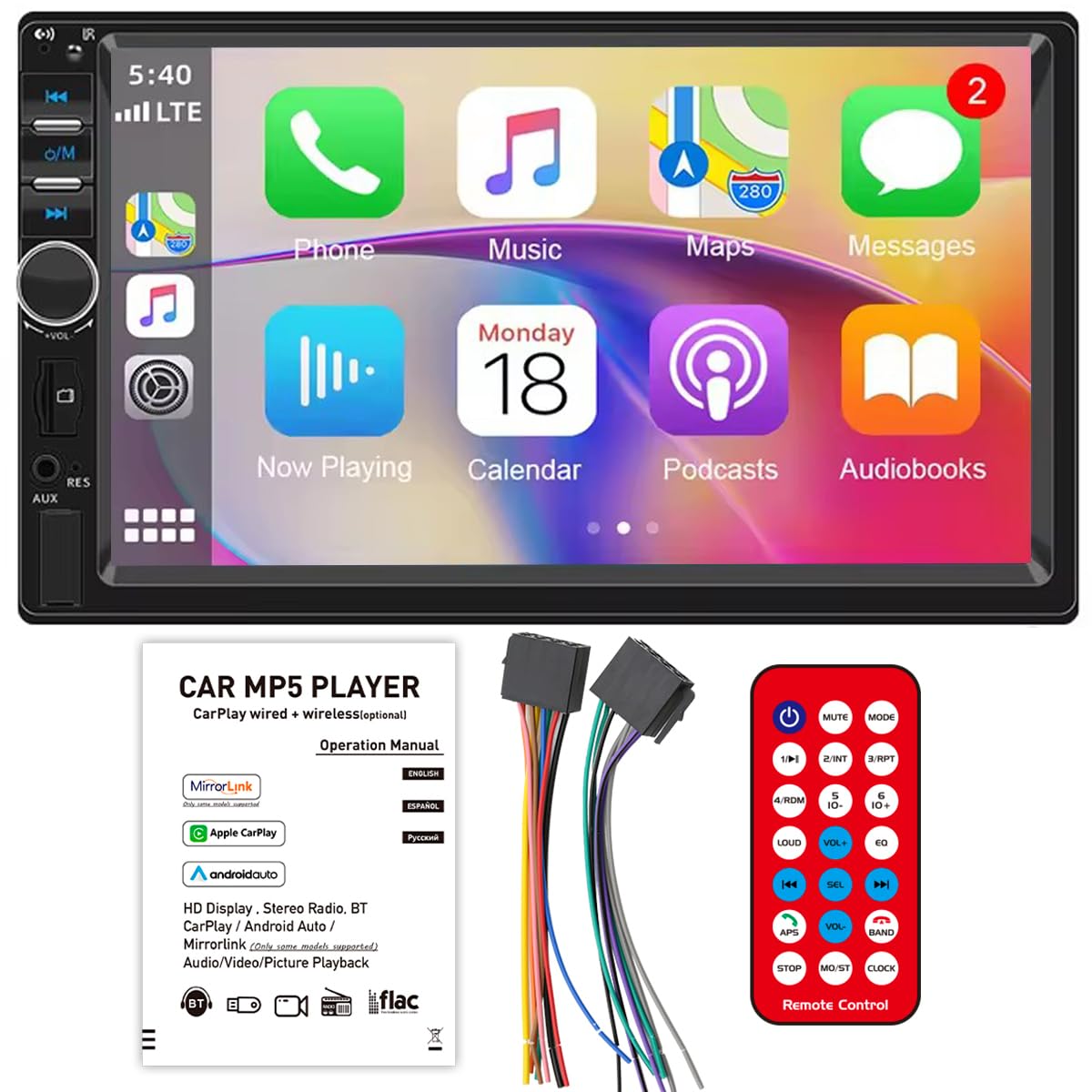 7 "2 Din Carplay Android Auto Radio samochodowe Bluetooth Mirror Link Ekran dotykowy Audio Stereo MP5 Odtwarzacz multimedialny Kierownica FM/TF/USB z pilotem
