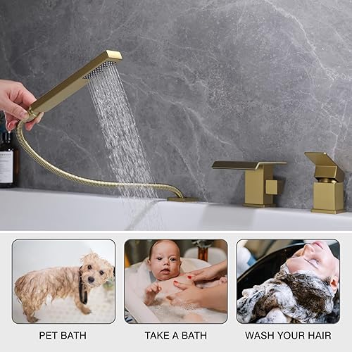 Miniatura 101 de TapLong Grifo de llenado de bañera en cascada con ducha de mano, juego de grifo de bañera romano generalizado, montaje en cubierta, 3 agujeros, Oro