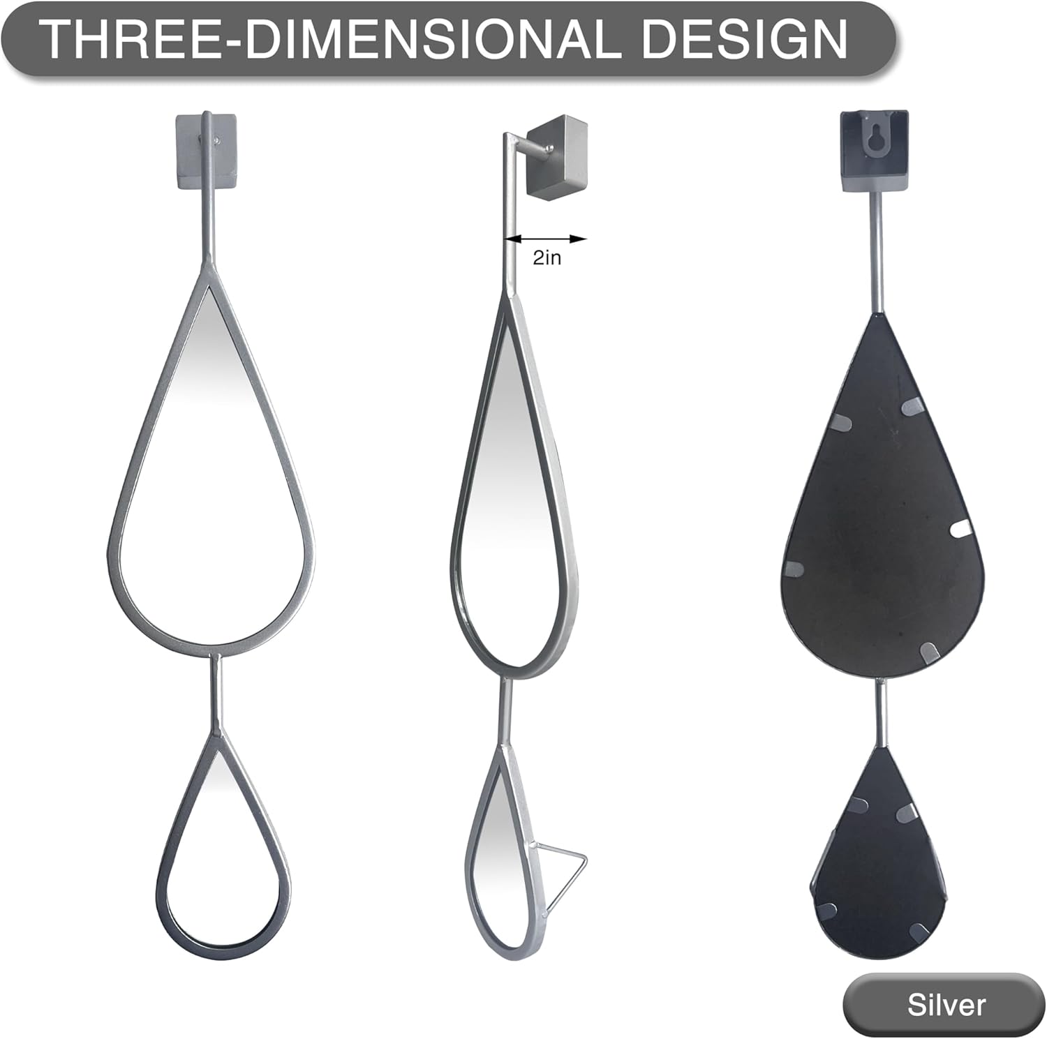 Decorative Mirrors Wall Mounted, Wall Mirror Silver Decor Tear Drop Shape Metal Frame for Living Room Bedroom Entrance Mantle Fireplace (Silver, 5-Pack Teardrop Mirrors Set)