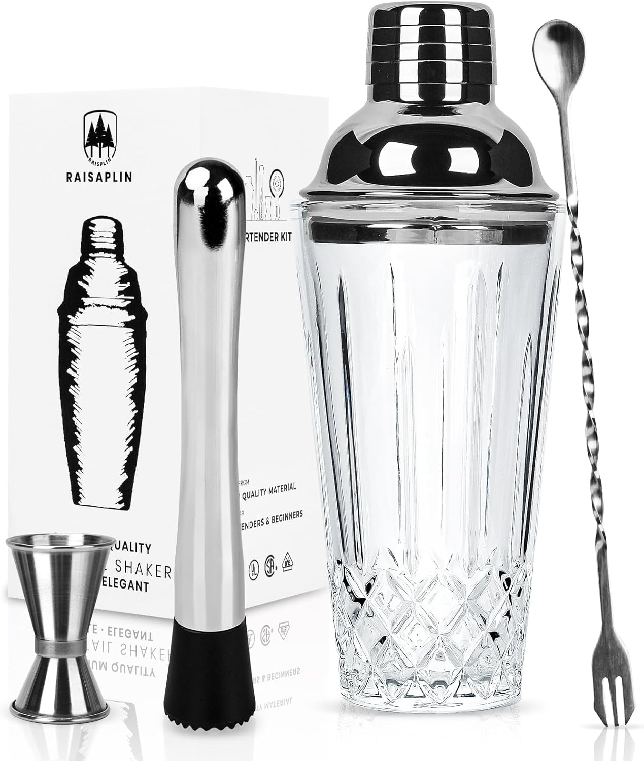 4-Piece Glass Cocktail Shaker Set - Mini Home Bar Bartender Set, Including a Glass Shaker, Extra Long Muddler, 11" Spoon, and Double Jigger - Gold