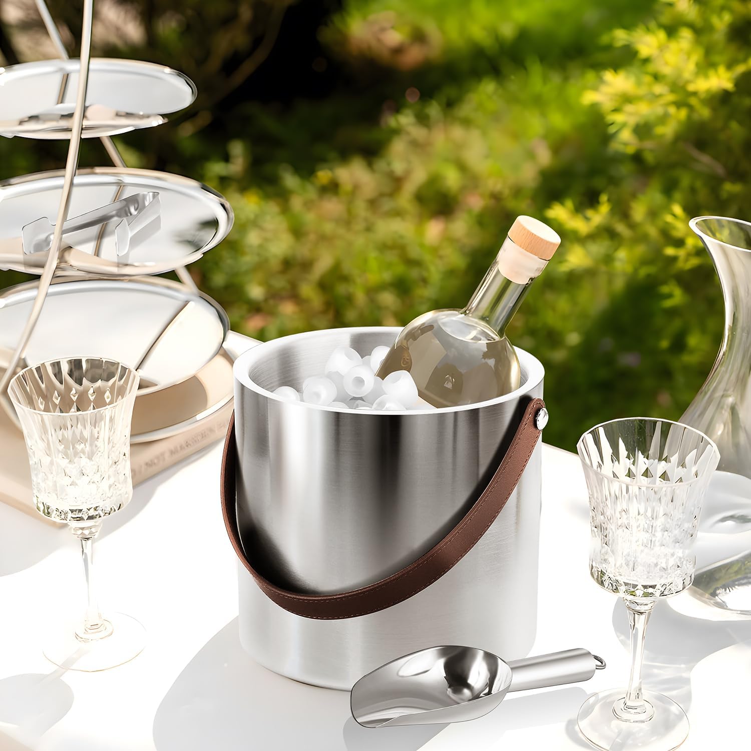 3L Large Ice Bucket with Lid, Scoop, Ice Tong, Strainer & Leather Handle Keep Ice Frozen Longer Large Wine Ice Buckets for Parties,Cocktail Bar, Chilling Beer Champagne, Dark Brown Handle 3L - Image 5