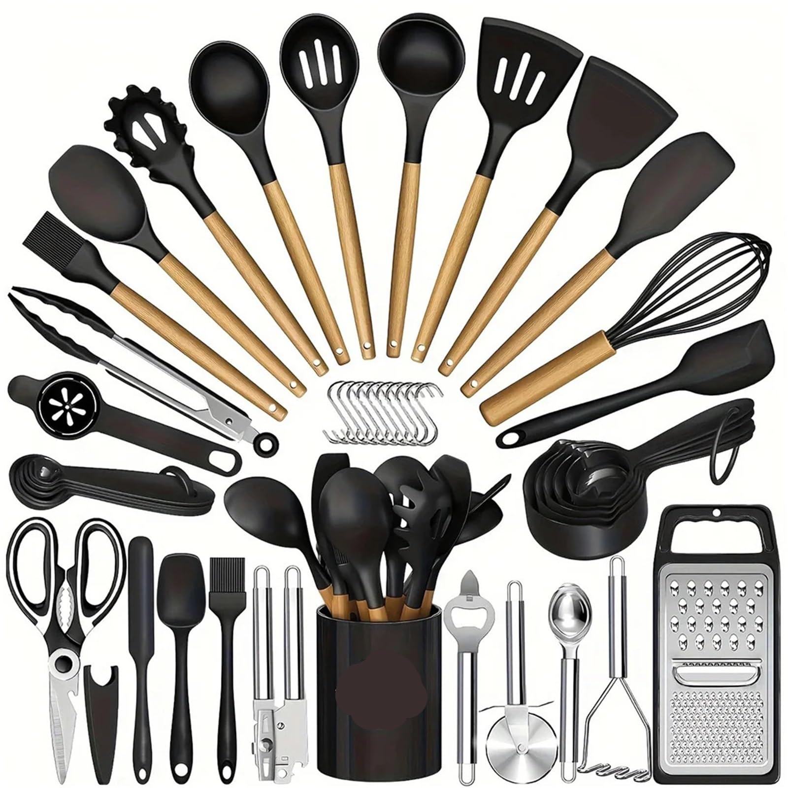 Silikon Küchenhelfer Set 44PCS Silikon Küchengeschirr Mehrzweck Kochgeschirr Utensilien Spachtel Suppe Löffel Schaufel Schneebesen Holz