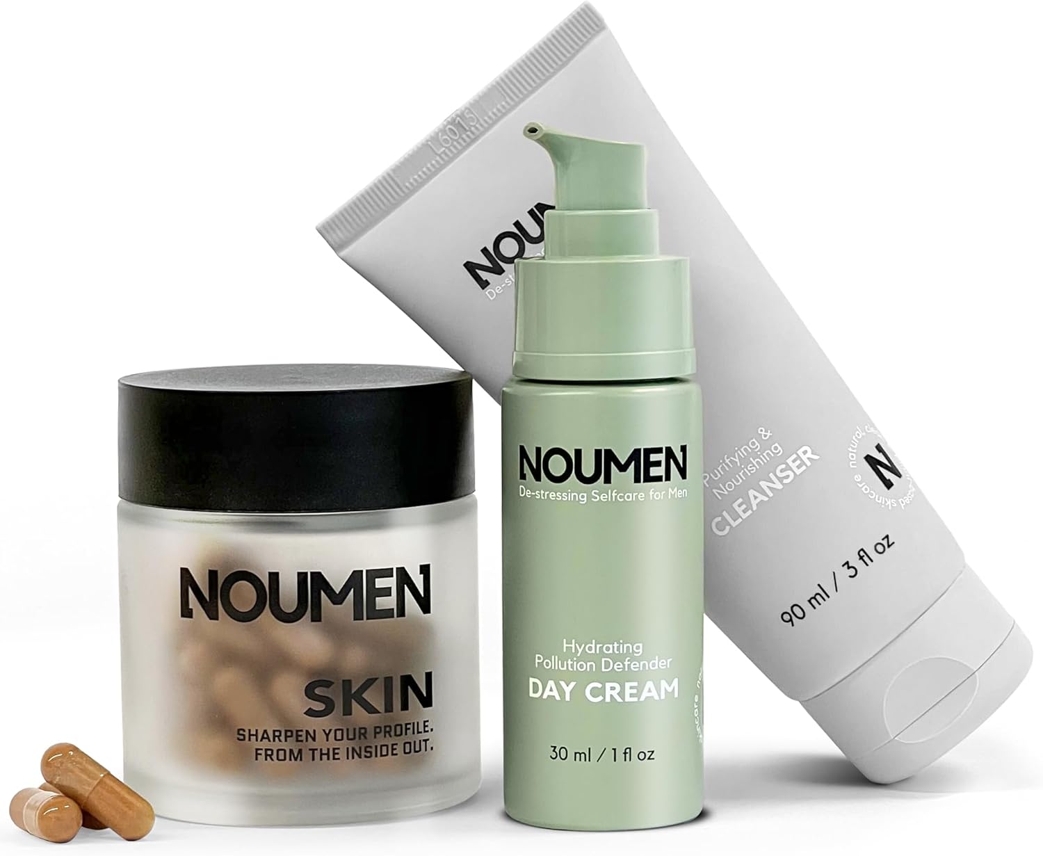 Huidverzorgingsset voor mannen: wasgel, vochtinbrengende crème en huidsupplement voor een gezonde huid – veganistisch & natuurlijk, 60 dagen voorraad, Made in Oostenrijk