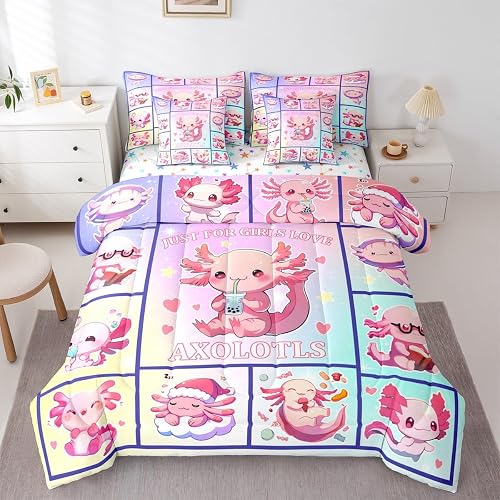 Axolotl Bedding Cute Comforter, Lovely Sealife Salamander Boys Bedding Sets 7 Pc