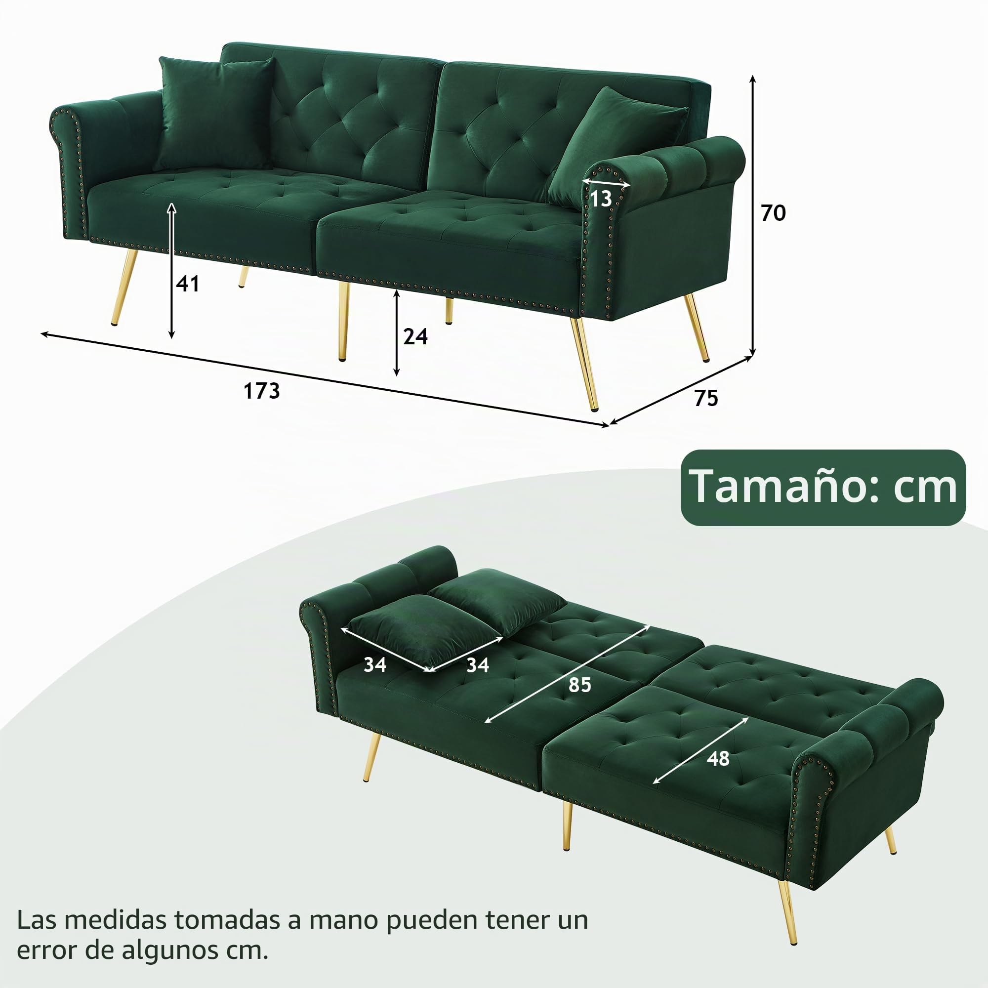 Azkoeesy Elegante sofá cama de 2 plazas, tapizado en terciopelo, 178 cm, con 3 niveles de ajuste, patas de metal dorado, 2 cojines, acabado con remaches (verde envejecido)
