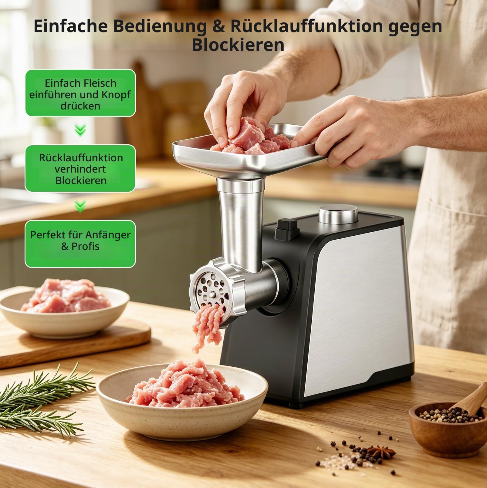 Elektrischer Fleischwolf 3 in 1 mit Wurstfüller,3200W Fleischwolf Edelstahl | Wurstmacher mit 3 Wurstfüllrohren, 3 Hackplatten, 2 Klingen, Fleischbällchenformer für Rind, Schwein, Huhn