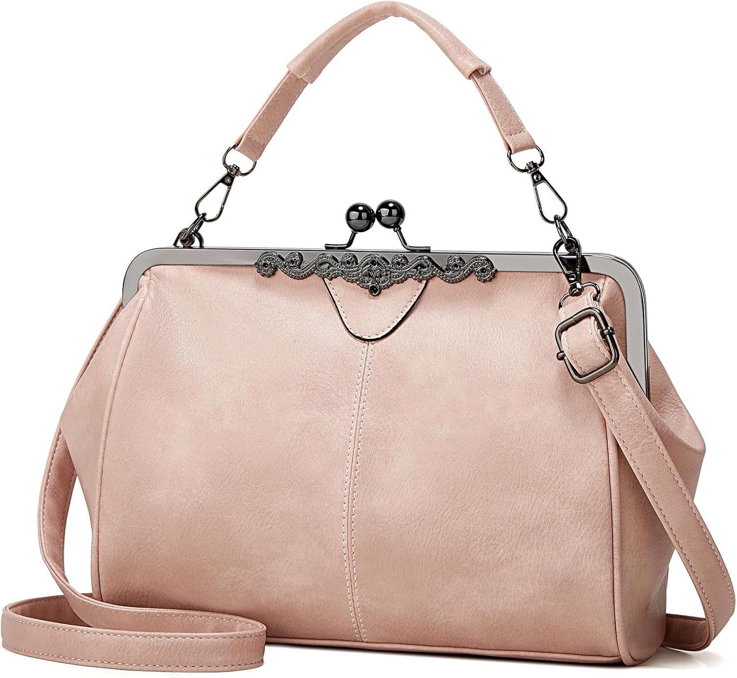 Women Kiss Lock Vintage Handbags for Women Oil Leather Evening Clutch Satchel Purse Tote