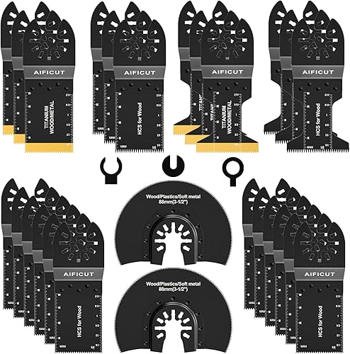 AIFICUT 26pcs Oscillating Saw Blades Titanium Multitool Blades for Wood Plastics Metal oscillating Tool Blades Kits Fit Rockwell Ridgid Ryobi Milwaukee Chicago Craftsman Dewalt