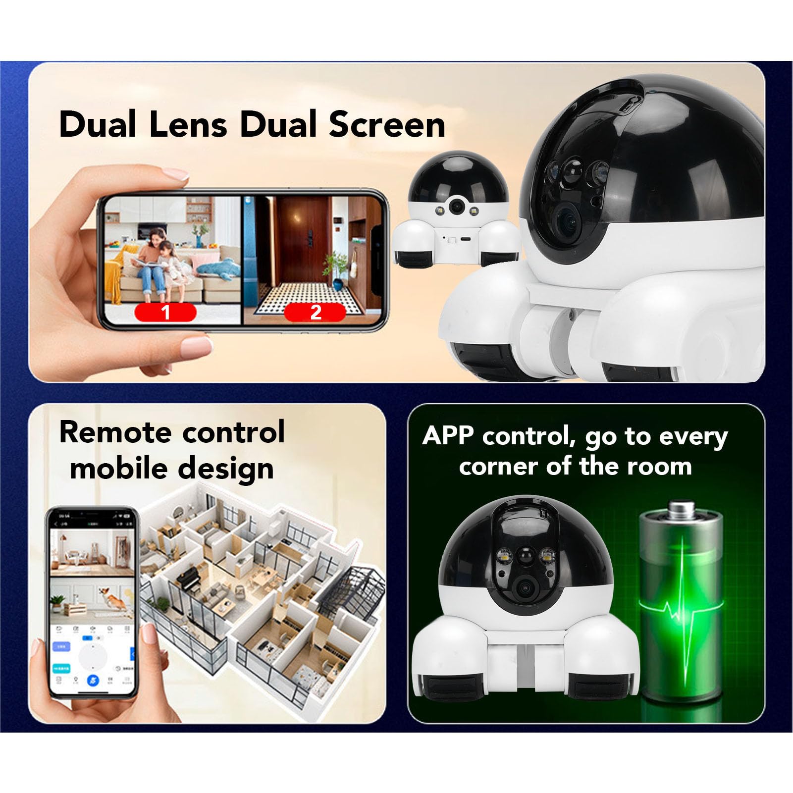 VBESTLIFE Robot Camera 1080p Lente Dual, Cámara de Seguridad de Mascotas Móviles con Conversación de 2 Vías, Visión Nocturna, 5200 MAh, Control de Aplicaciones para Gatos, Perros, bebé (32G 200W)