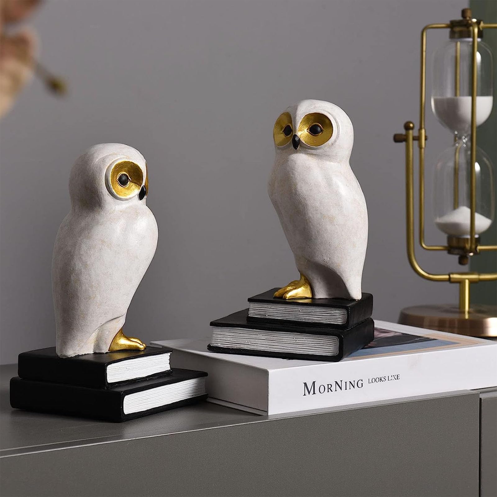 Wise White Snow Owl Book Ends Decorative Unique Cute Bookends For Kids Home Office Decor Book Shelf Holder Modern Fun Resin Animal - Image 2