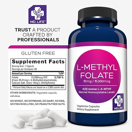 Vista 13 de MD. Life L-metilfolato de 15 mg - Suplemento de folato activo - Suplemento de 5 Mthf diseñado por médicos - L-metilfolato de 15 mg - 90 cápsulas