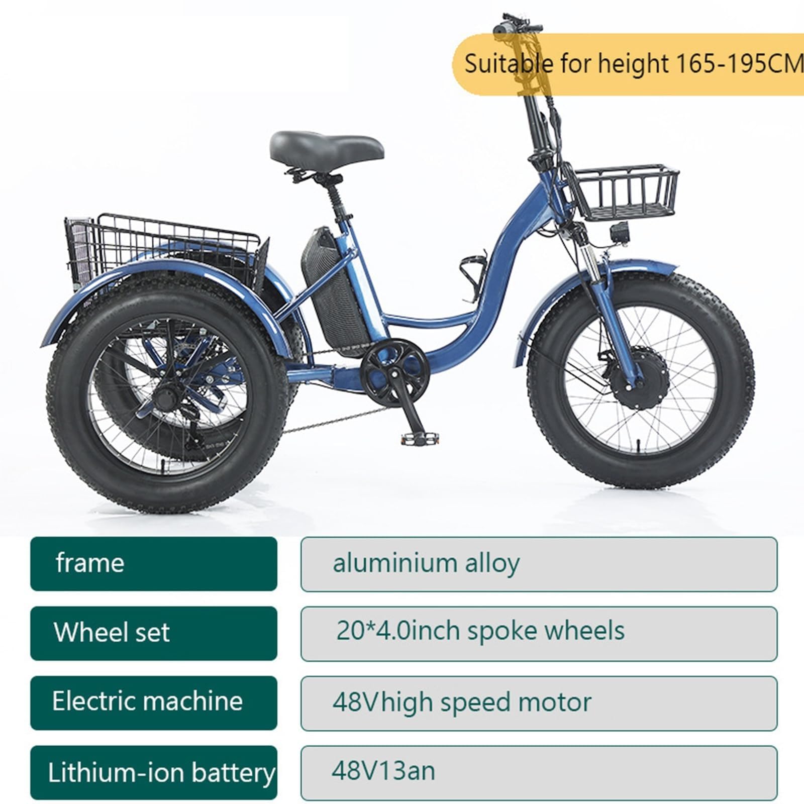 Triciclo elettrico per adulti con pneumatici larghi, 3 ruote, 7 velocità, capacità di carico 200 kg, telaio in alluminio, cestini anteriori e posteriori, ideale per la spesa in famiglia.