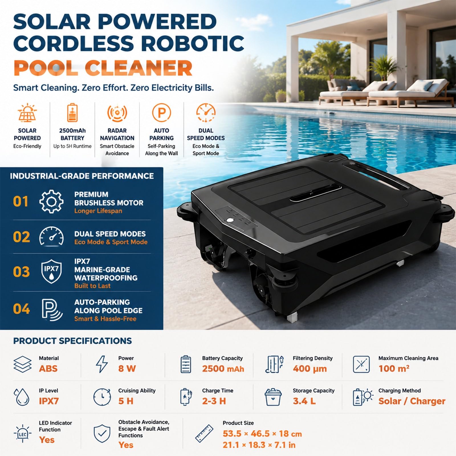 Skimmer de Superficie Solar Automático, Robot Aspirador Piscina Flotante | Sin Cable con Filtro Fino de 400um para Tanque Grande, Mantenimiento Ecológico