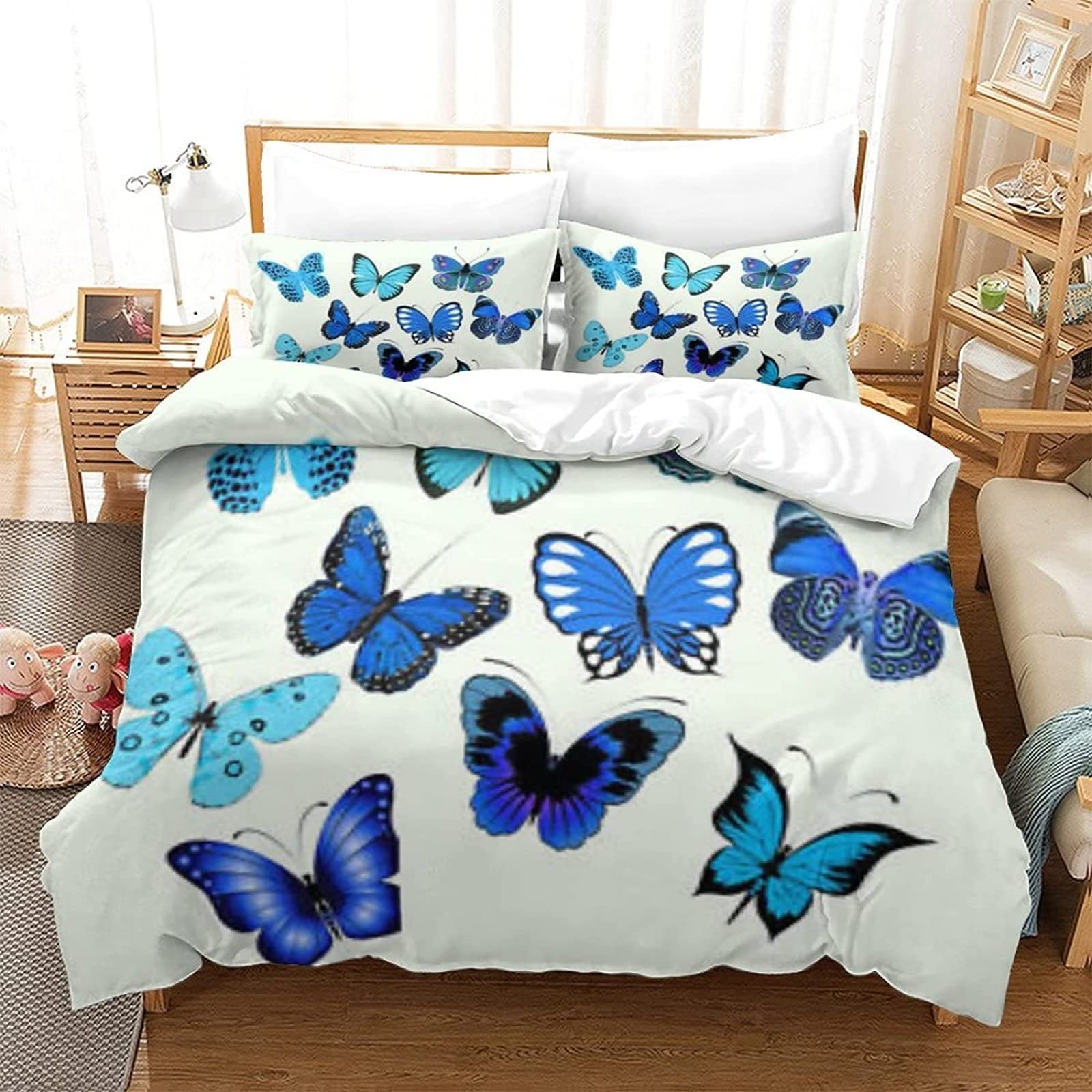 Couette Dozrmey Prestige 240x260 Cm - Motif Papillon Bleu, Microfibre + Coton | Ensemble 3 Pièces King Size, Chaleur Enveloppante