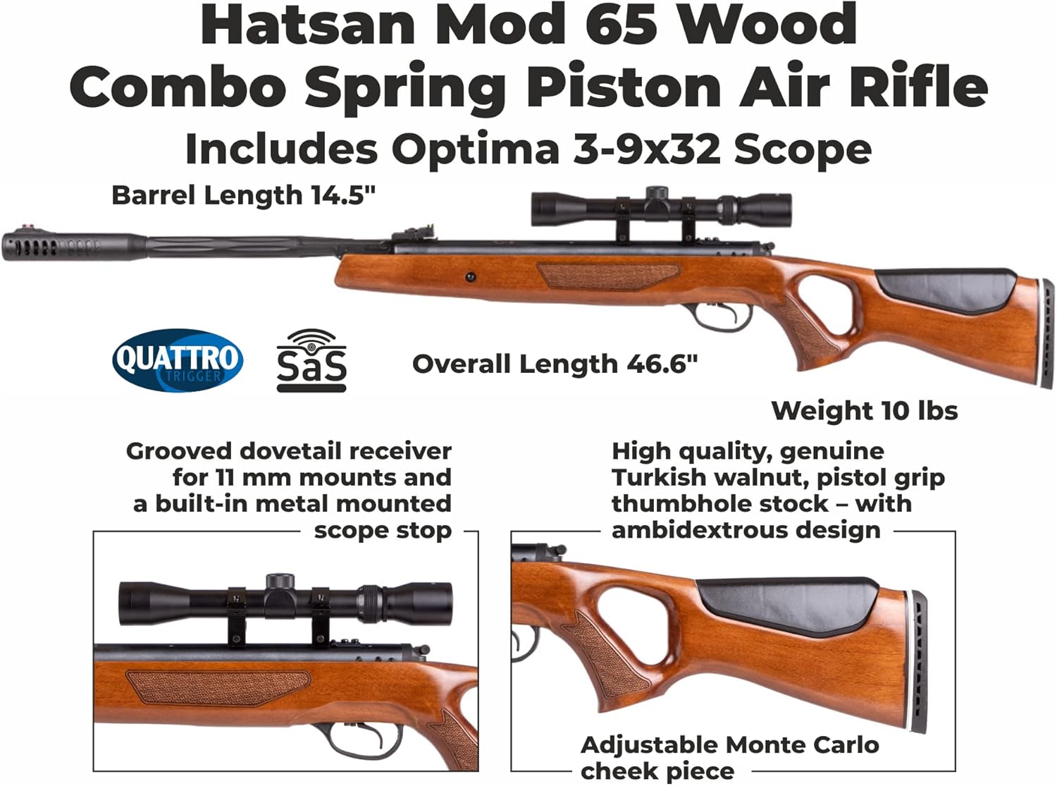 Hatsan Mod 65 Combo Spring Piston Air Rifle with Free 3-9x32 Scope and Mounts with Included Wearable4U Bundle